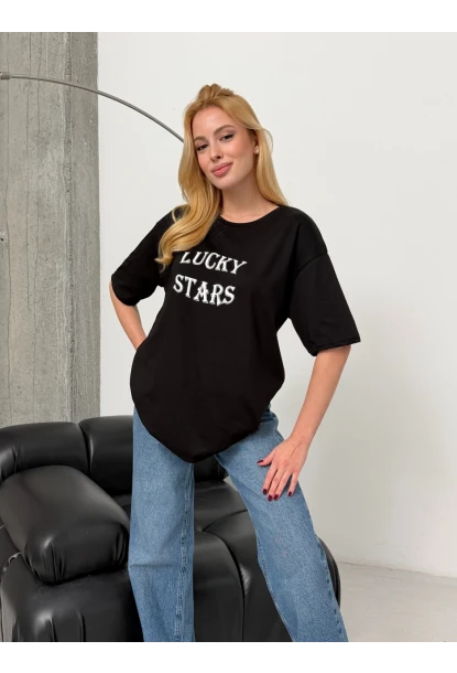 Kadın Baskılı Oversize T-Shirt Siyah
