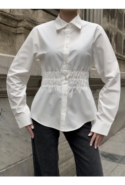 Kadın Bel Büzgülü Uzun Kollu Beyaz Gömlek