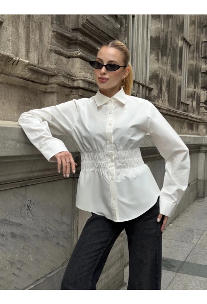 Kadın Bel Büzgülü Uzun Kollu Beyaz Gömlek