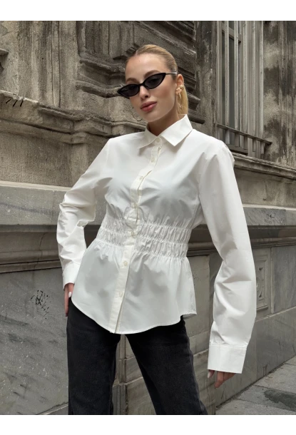 Kadın Bel Büzgülü Uzun Kollu Beyaz Gömlek