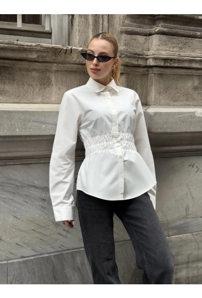 Kadın Bel Büzgülü Uzun Kollu Beyaz Gömlek