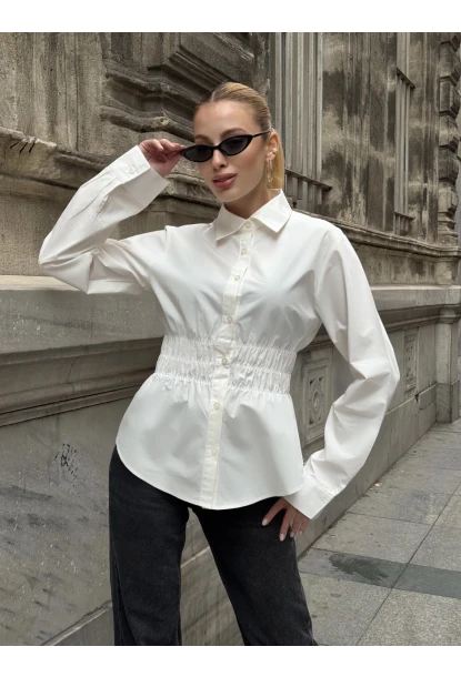 Kadın Bel Büzgülü Uzun Kollu Beyaz Gömlek