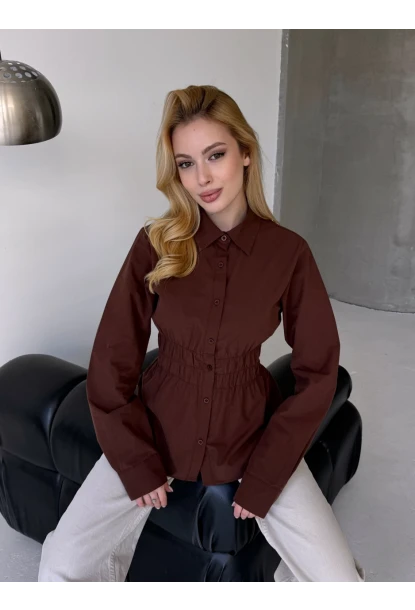 Kadın Bel Büzgülü Uzun Kollu Kahve Gömlek