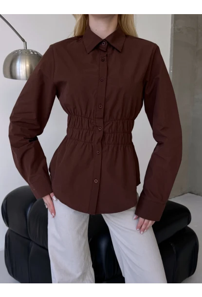 Kadın Bel Büzgülü Uzun Kollu Kahve Gömlek