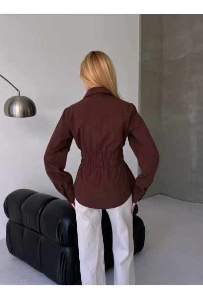 Kadın Bel Büzgülü Uzun Kollu Kahve Gömlek