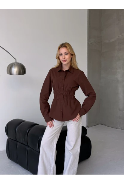 Kadın Bel Büzgülü Uzun Kollu Kahve Gömlek