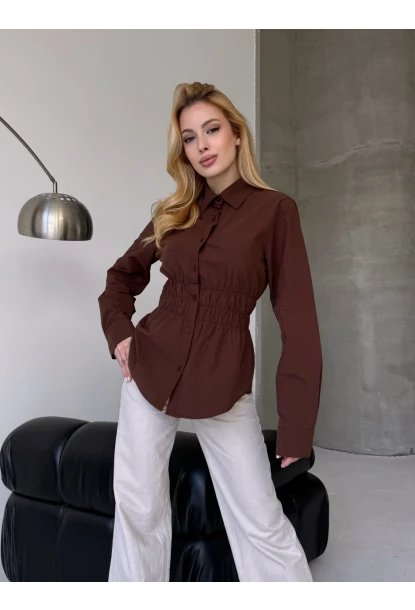 Kadın Bel Büzgülü Uzun Kollu Kahve Gömlek