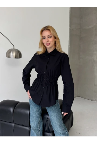 Kadın Bel Büzgülü Uzun Kollu Siyah Gömlek