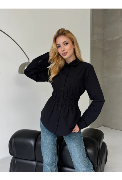 Kadın Bel Büzgülü Uzun Kollu Siyah Gömlek