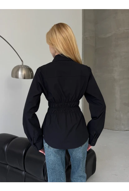 Kadın Bel Büzgülü Uzun Kollu Siyah Gömlek