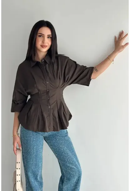 Kadın Bel Formlu Gömlek – Düğmeli Yarım Kol Şık Gömlek