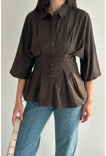 Kadın Bel Formlu Gömlek – Düğmeli Yarım Kol Şık Gömlek