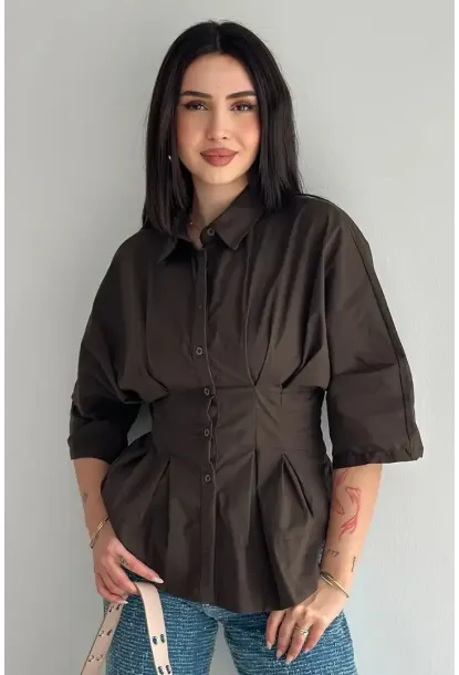 Kadın Bel Formlu Gömlek – Düğmeli Yarım Kol Şık Gömlek