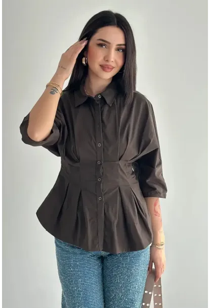 Kadın Bel Formlu Gömlek – Düğmeli Yarım Kol Şık Gömlek