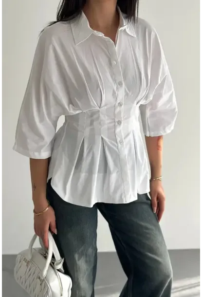 Kadın Bel Formlu Gömlek – Düğmeli Yarım Kol Şık Gömlek Beyaz
