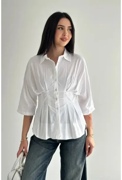 Kadın Bel Formlu Gömlek – Düğmeli Yarım Kol Şık Gömlek Beyaz