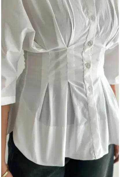 Kadın Bel Formlu Gömlek – Düğmeli Yarım Kol Şık Gömlek Beyaz
