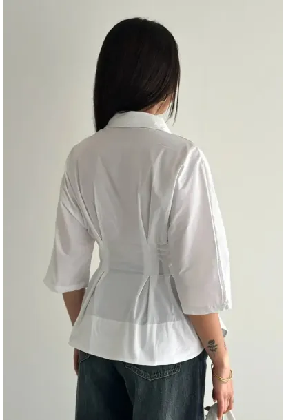 Kadın Bel Formlu Gömlek – Düğmeli Yarım Kol Şık Gömlek Beyaz
