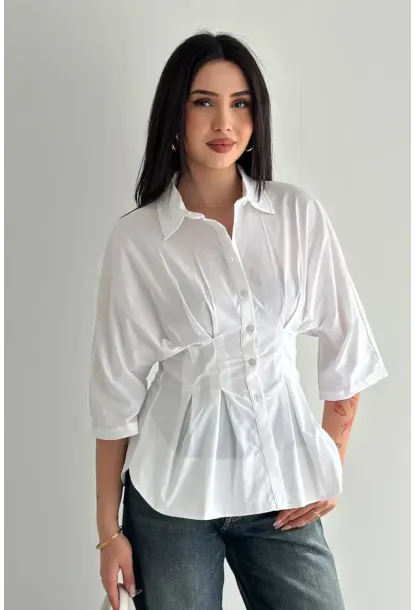 Kadın Bel Formlu Gömlek – Düğmeli Yarım Kol Şık Gömlek Beyaz