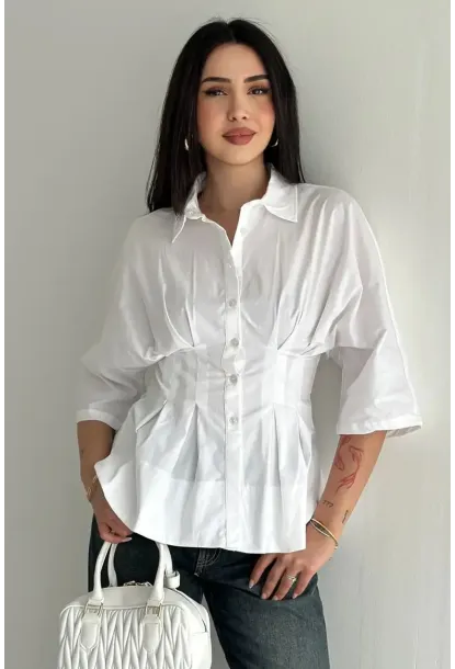 Kadın Bel Formlu Gömlek – Düğmeli Yarım Kol Şık Gömlek Beyaz