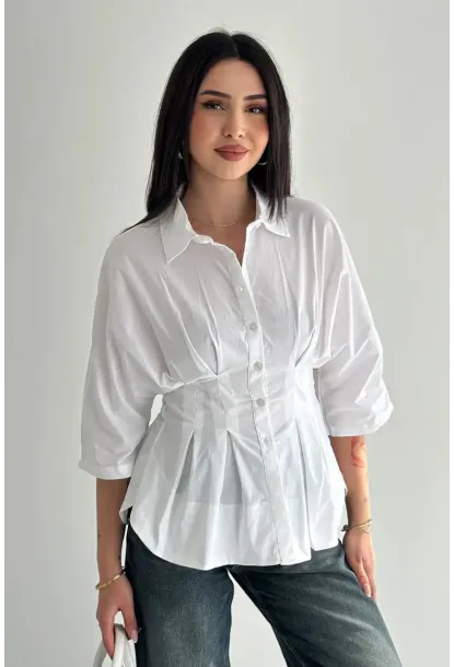 Kadın Bel Formlu Gömlek – Düğmeli Yarım Kol Şık Gömlek Beyaz