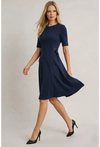 Kadın Bel Toka Detay Modal Kumaş Midiboy Elbise Lacivert