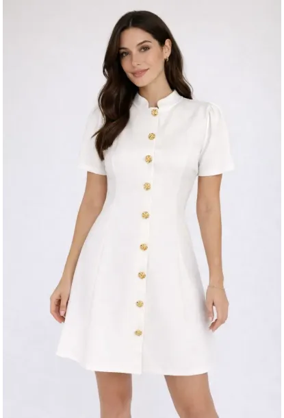 Kadın Beyaz Düğme Detay Mini Elbise