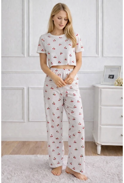 Kadın Beyaz Kiraz Desenli Alt Üst Pijama Takımı - Ev Giyimi
