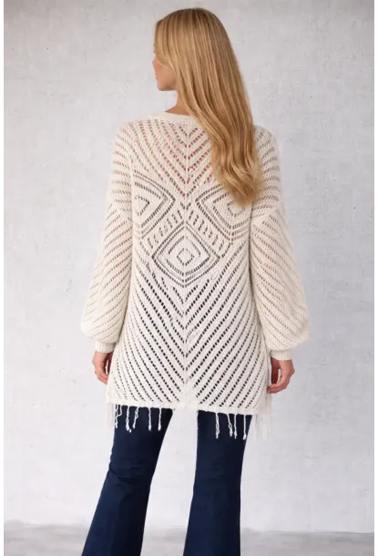 Kadın Beyaz Örgü Hırka Püskül ve Elmas Desen Detaylı