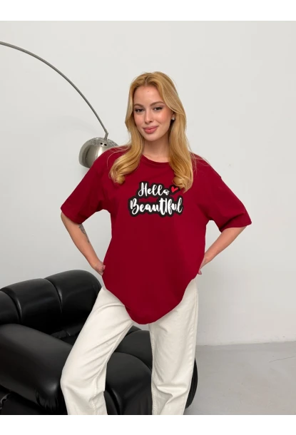 Kadın Bordo Baskılı Oversize T-Shirt