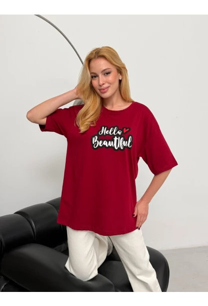 Kadın Bordo Baskılı Oversize T-Shirt