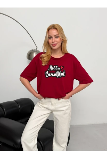 Kadın Bordo Baskılı Oversize T-Shirt
