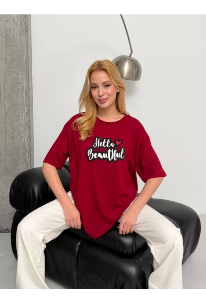 Kadın Bordo Baskılı Oversize T-Shirt