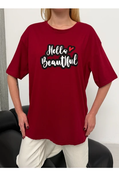 Kadın Bordo Baskılı Oversize T-Shirt