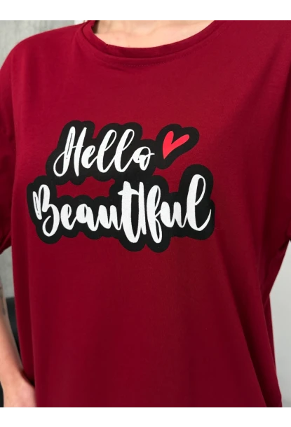 Kadın Bordo Baskılı Oversize T-Shirt