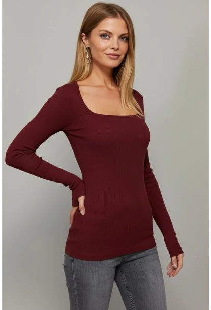 Kadın Bordo Kare Yaka Bluz EY1101