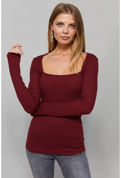 Kadın Bordo Kare Yaka Bluz EY1101