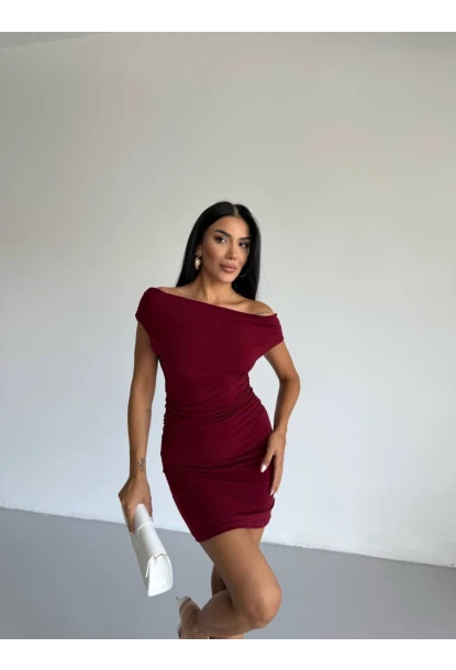 Kadın Bordo Kayık Yaka Mini Elbise