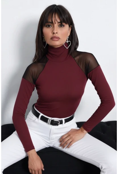Kadın Bordo Omuzları Tül Bluz TZ2075