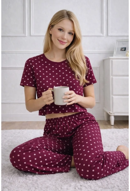 Kadın Bordo Puantiye Desenli Alt Üst Pijama Takımı - Ev Giyimi