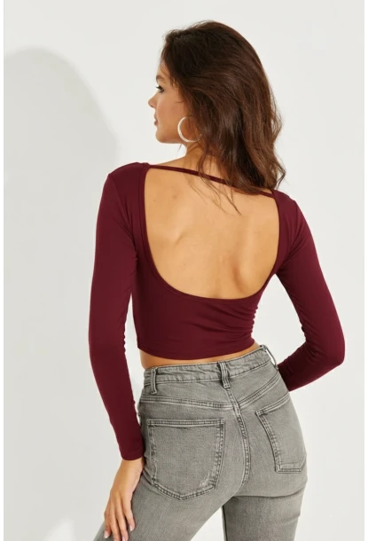 Kadın Bordo Sırtı Açık Crop Bluz CY430