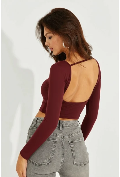 Kadın Bordo Sırtı Açık Crop Bluz CY430