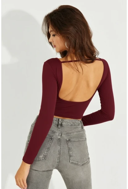 Kadın Bordo Sırtı Açık Crop Bluz CY430
