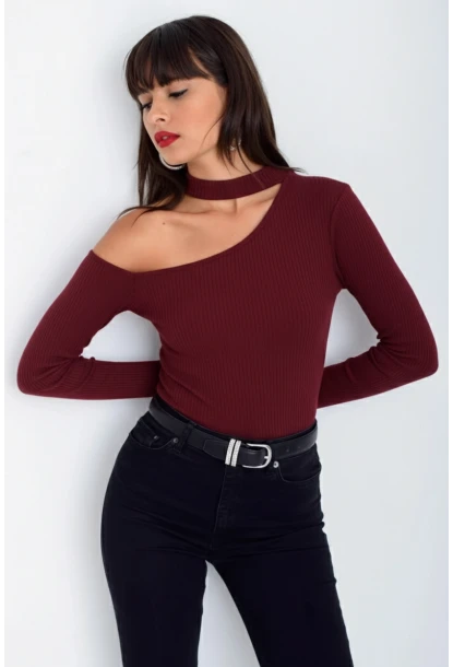Kadın Bordo Tek Omuz Kaşkorse Bluz CG53