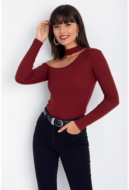 Kadın Bordo Tek Omuz Kaşkorse Bluz CG53