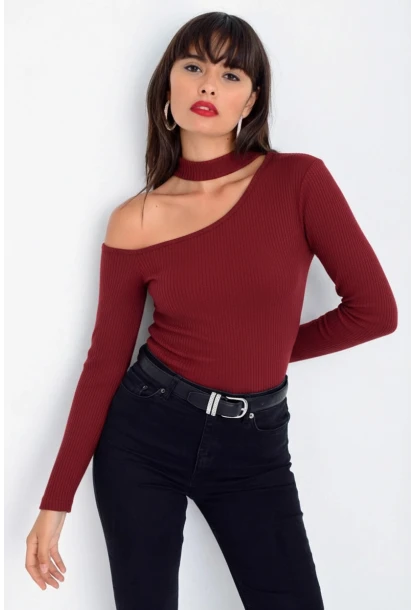 Kadın Bordo Tek Omuz Kaşkorse Bluz CG53