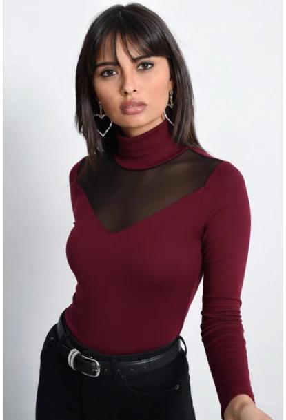 Kadın Bordo Üstü Tül Bluz TZ20751