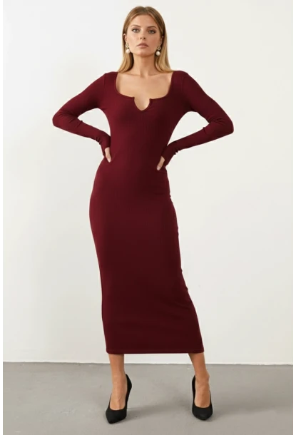 Kadın Bordo V Yaka Maxi Kaşkorse Elbise EY1086