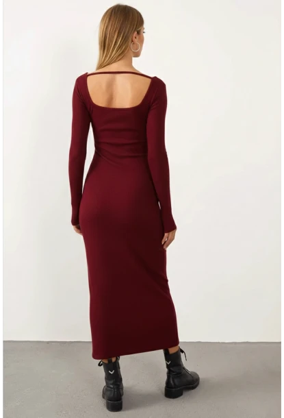 Kadın Bordo V Yaka Maxi Kaşkorse Elbise EY1086