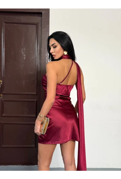 Kadın Boyun Detay Saten Mini Elbise Kırmızı